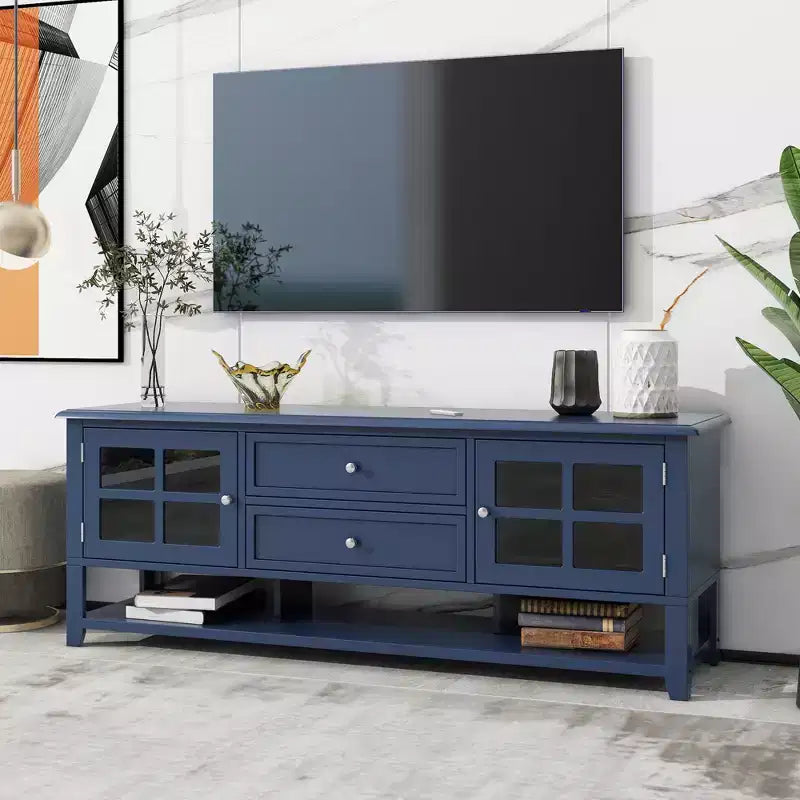 Mobile TV blu/grigio con ante e cassetti, adatto per TV fino a 60", per 1-2 persone