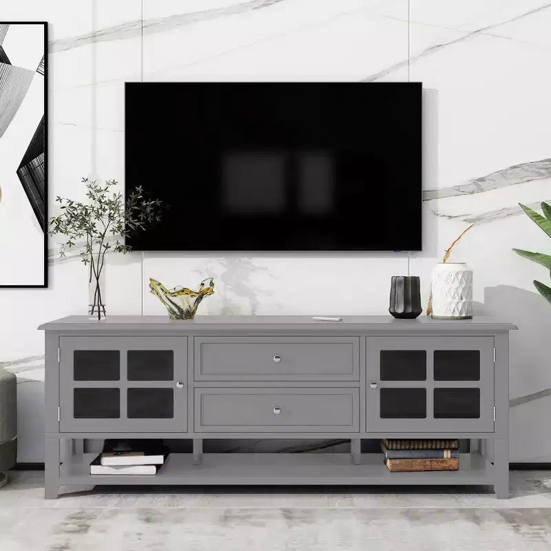 Mobile TV blu/grigio con ante e cassetti, adatto per TV fino a 60", per 1-2 persone