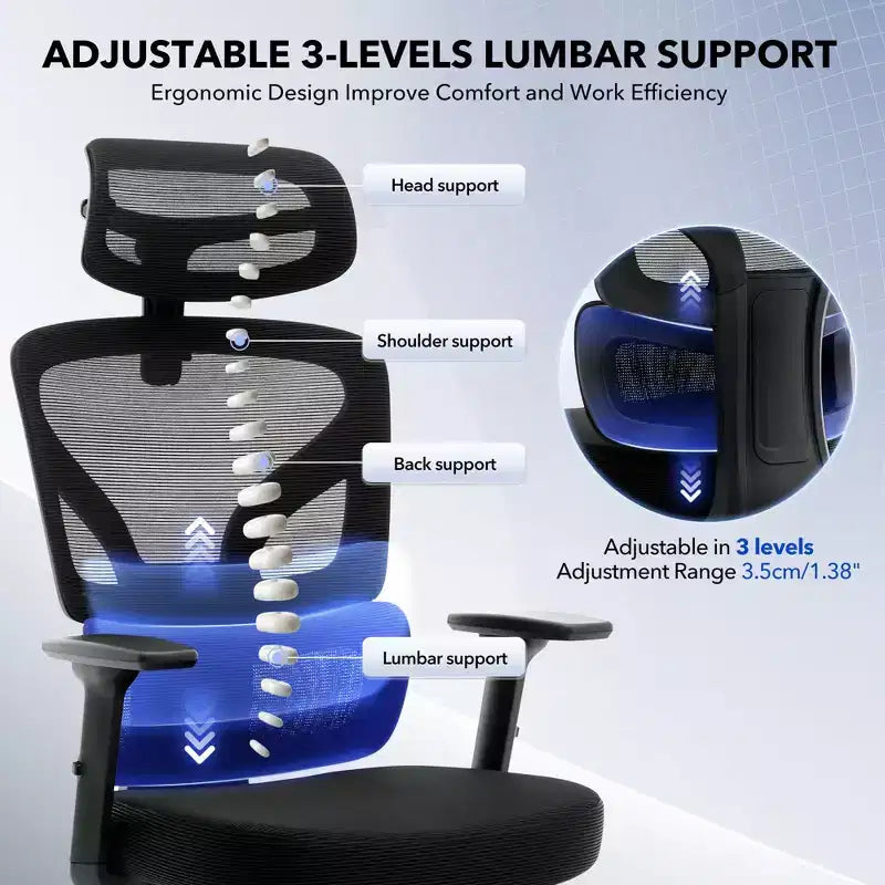 Sedia da ufficio ergonomica girevole con schienale alto in rete nera, monoposto