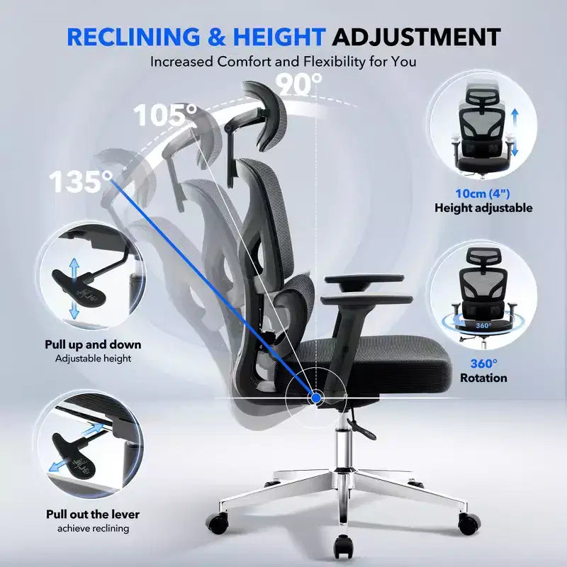 Sedia da ufficio ergonomica girevole con schienale alto in rete nera, monoposto