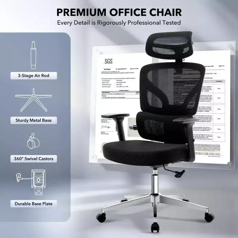 Sedia da ufficio ergonomica girevole con schienale alto in rete nera, monoposto