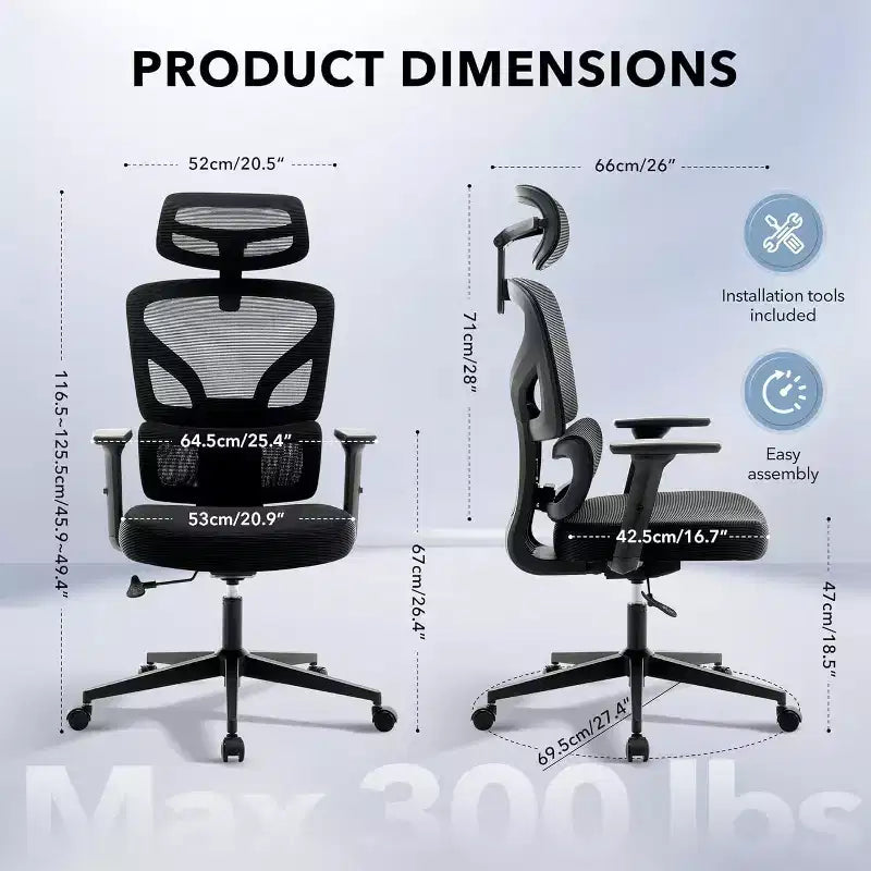 Sedia da ufficio ergonomica girevole con schienale alto in rete nera, monoposto
