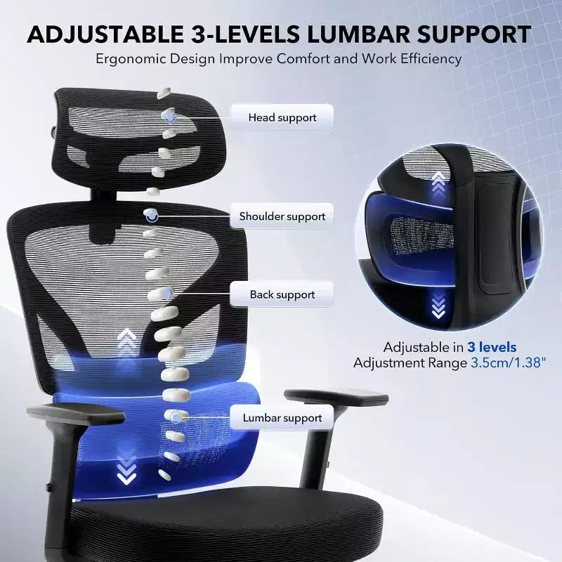 Sedia da ufficio ergonomica girevole con schienale alto in rete nera, monoposto