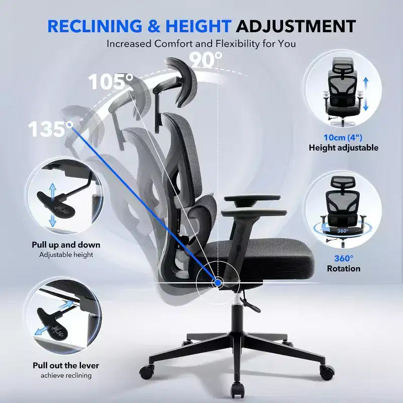 Sedia da ufficio ergonomica girevole con schienale alto in rete nera, monoposto