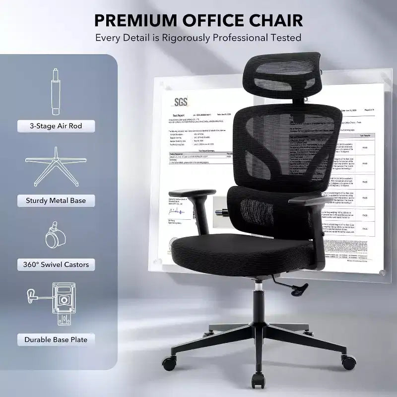 Sedia da ufficio ergonomica girevole con schienale alto in rete nera, monoposto