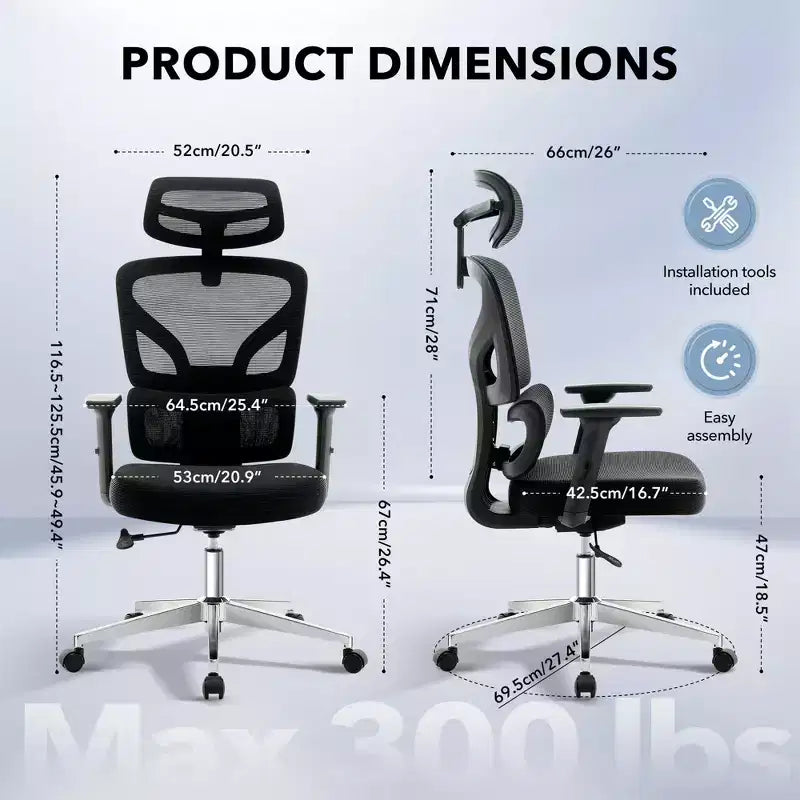 Sedia da ufficio ergonomica girevole con schienale alto in rete nera, monoposto