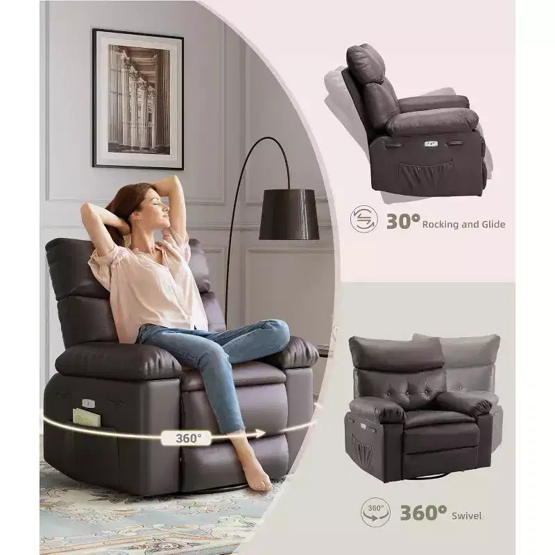 Poltrona reclinabile elettrica beige/marrone/caffè/grigia con funzione di sollevamento, calore e massaggio, girevole a 360° e dondolo, posto singolo