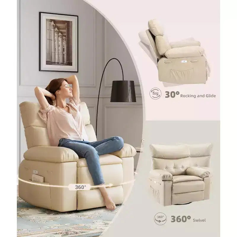 Poltrona reclinabile elettrica beige/marrone/caffè/grigia con funzione di sollevamento, calore e massaggio, girevole a 360° e dondolo, posto singolo