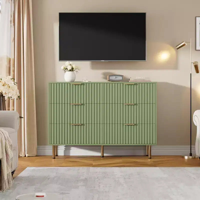 Cassettiera in legno scanalato a 6 cassetti Nera/Verde/Grigia/Naturale/Bianca, Porta TV per uso 1-2 persone