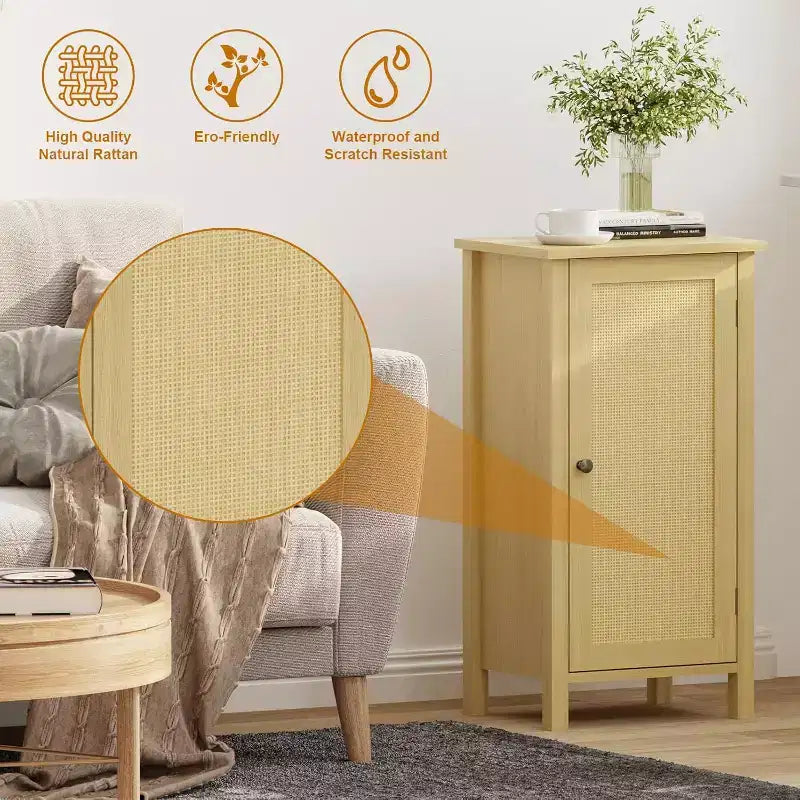 Nero / Naturale, Armadietto contenitore a 2 ripiani con anta in rattan, 1 persona
