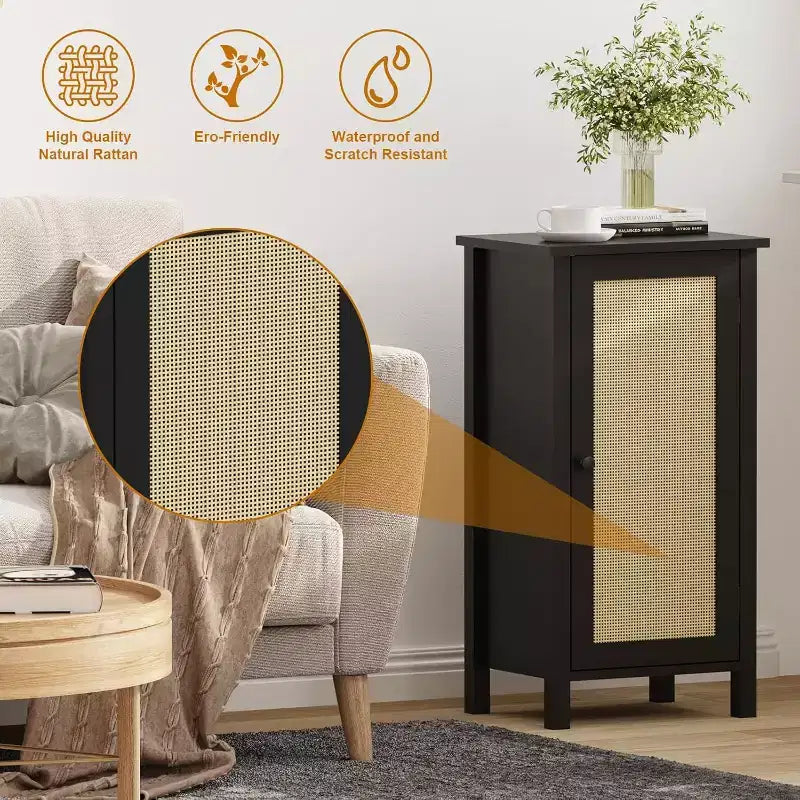 Nero / Naturale, Armadietto contenitore a 2 ripiani con anta in rattan, 1 persona