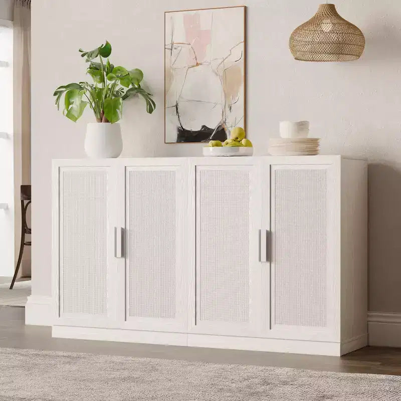 Mobile buffet/credenza a 3 ante in rattan marrone/bianco con ripiani regolabili