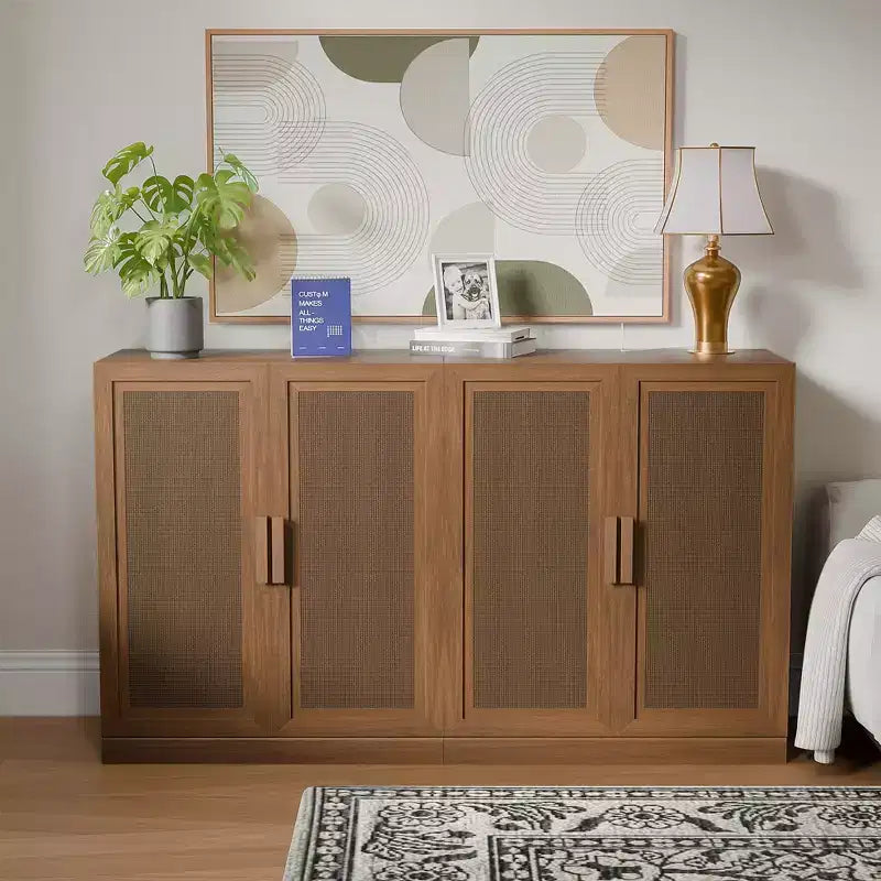 Mobile buffet/credenza a 3 ante in rattan marrone/bianco con ripiani regolabili