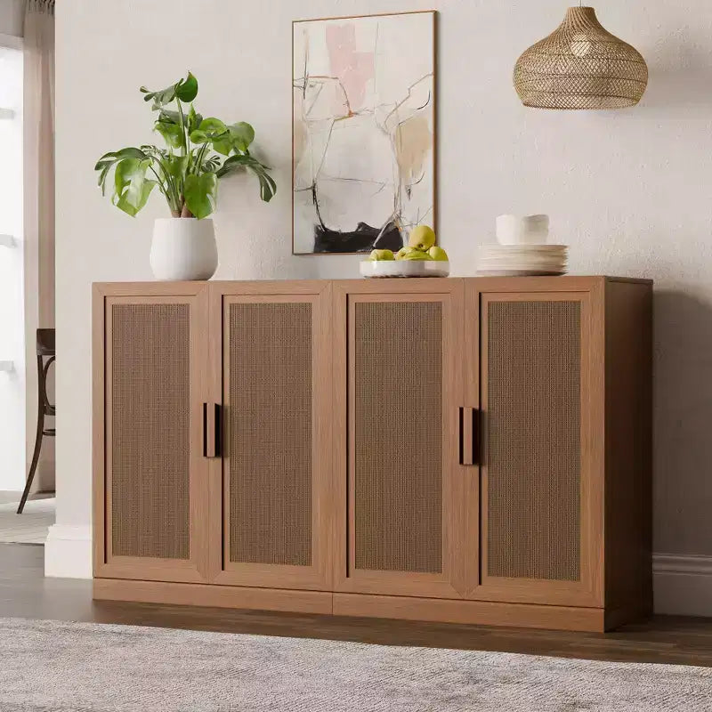 Mobile buffet/credenza a 3 ante in rattan marrone/bianco con ripiani regolabili