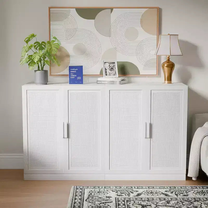 Mobile buffet/credenza a 3 ante in rattan marrone/bianco con ripiani regolabili