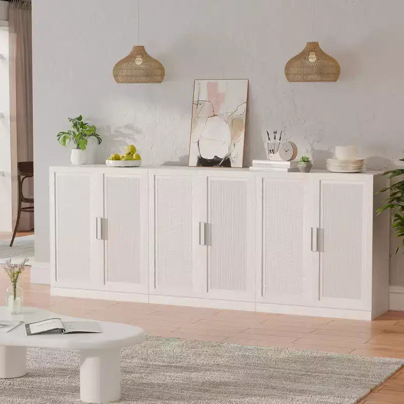 Mobile buffet/credenza a 3 ante in rattan marrone/bianco con ripiani regolabili