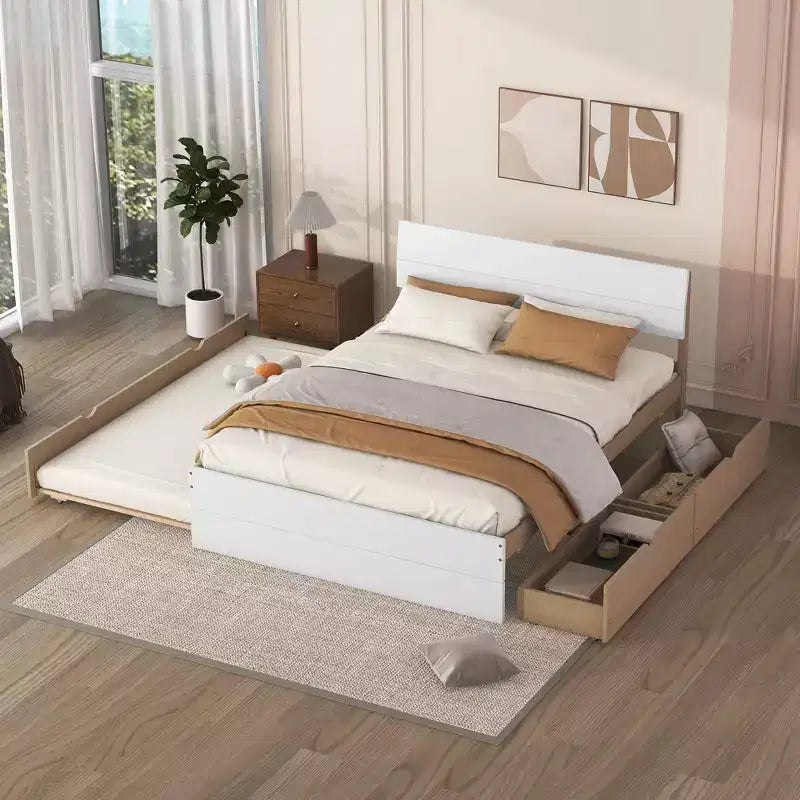 Letto a Piattaforma Matrimoniale in Rovere Bianco con Letto Estraibile Singolo e 2 Cassetti, Posti Letto 2