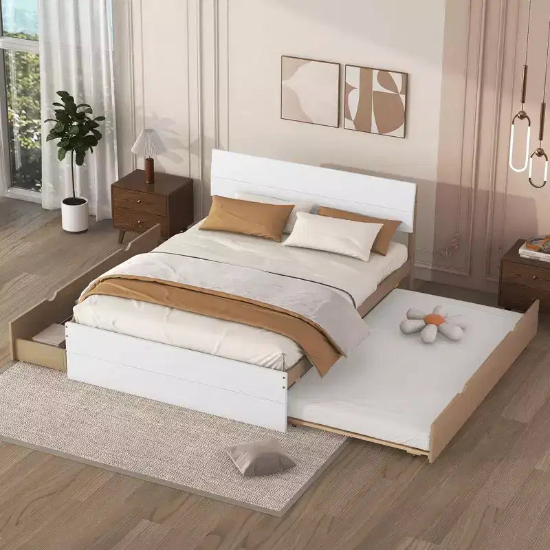 Letto a Piattaforma Matrimoniale in Rovere Bianco con Letto Estraibile Singolo e 2 Cassetti, Posti Letto 2
