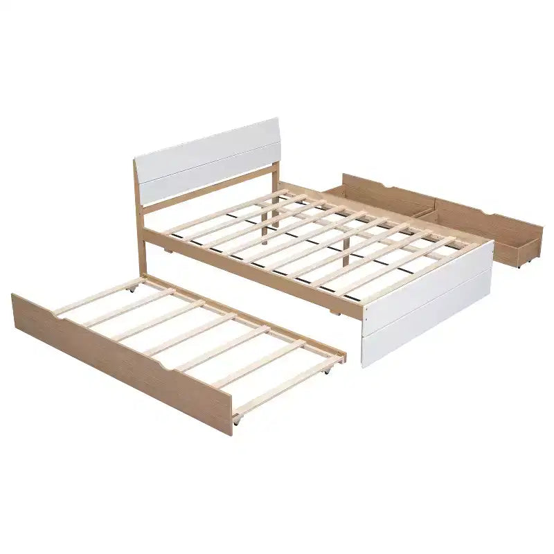 Letto a Piattaforma Matrimoniale in Rovere Bianco con Letto Estraibile Singolo e 2 Cassetti, Posti Letto 2