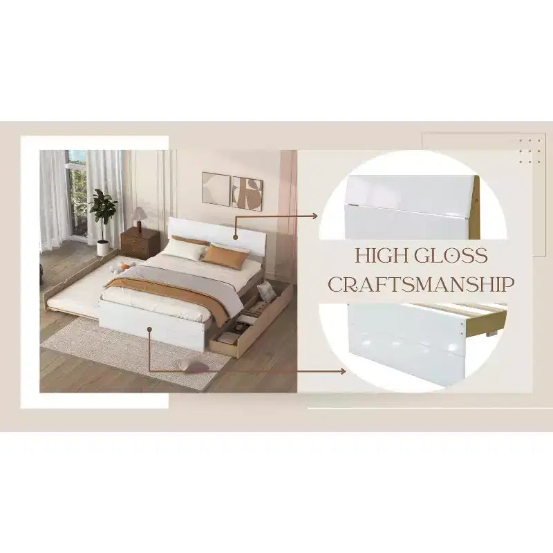 Letto a Piattaforma Matrimoniale in Rovere Bianco con Letto Estraibile Singolo e 2 Cassetti, Posti Letto 2