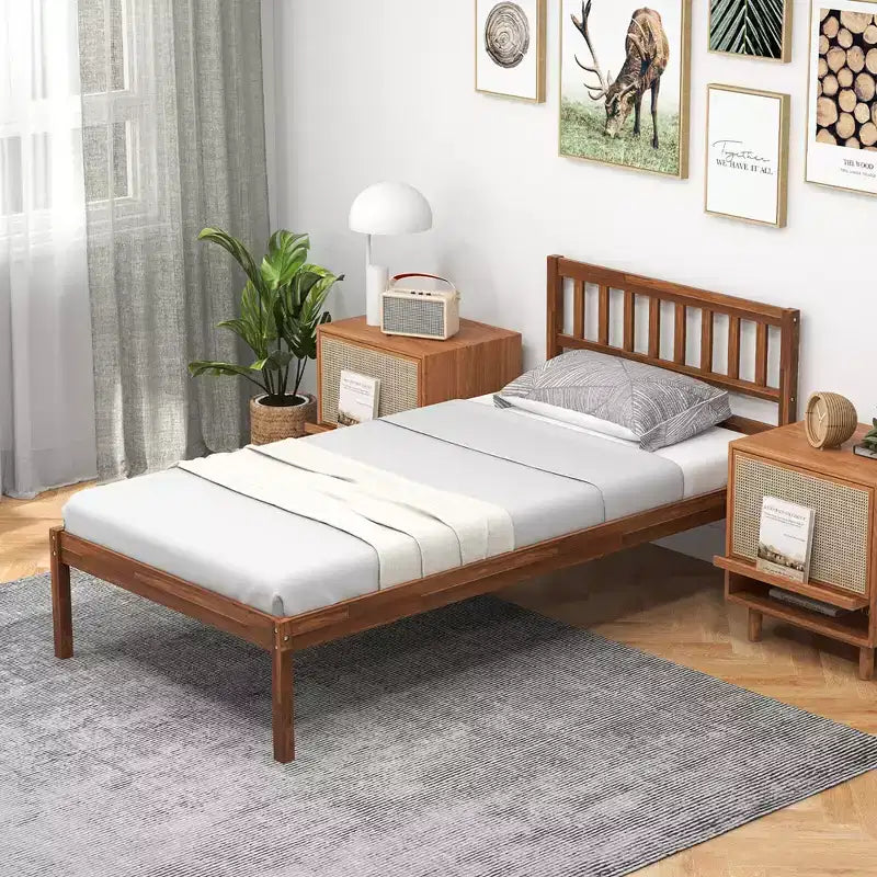 Letto a piattaforma in legno di noce con testiera – Singolo/Matrimoniale/Queen, 1 persona