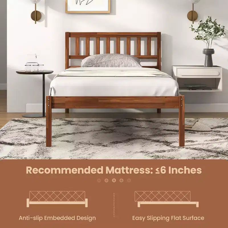 Letto a piattaforma in legno di noce con testiera – Singolo/Matrimoniale/Queen, 1 persona