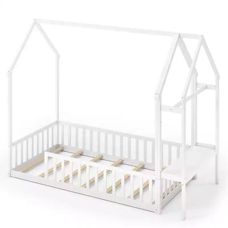 Costway Twin House Floor Bed w/ Storage Shelf & Detachable Clothes Hanger Guardrails