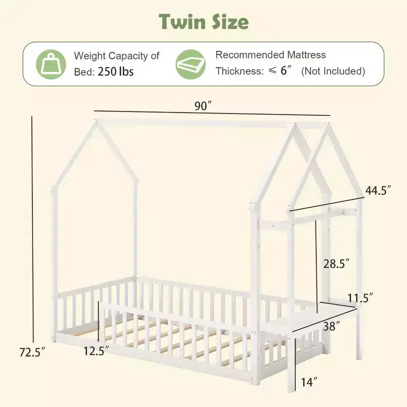Letto a terra bianco Twin House con ripiano portaoggetti e appendiabiti, per 1 persona