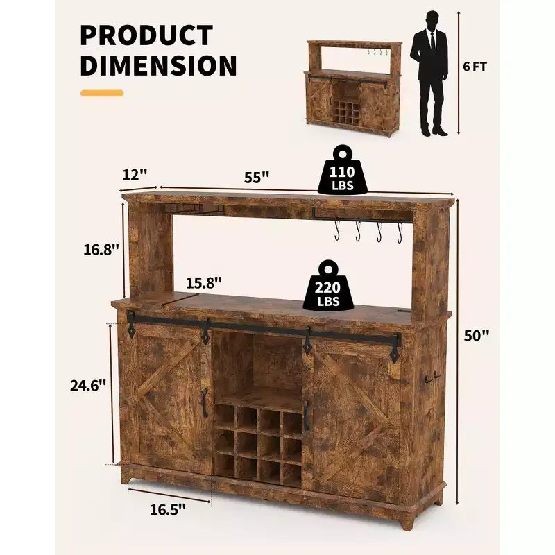 Mobile Bar per Caffè da Fattoria Nero/Marrone/Bianco con Ante Scorrevoli e Portabottiglie