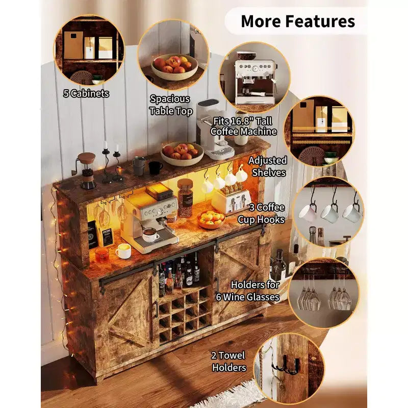 Mobile Bar per Caffè da Fattoria Nero/Marrone/Bianco con Ante Scorrevoli e Portabottiglie