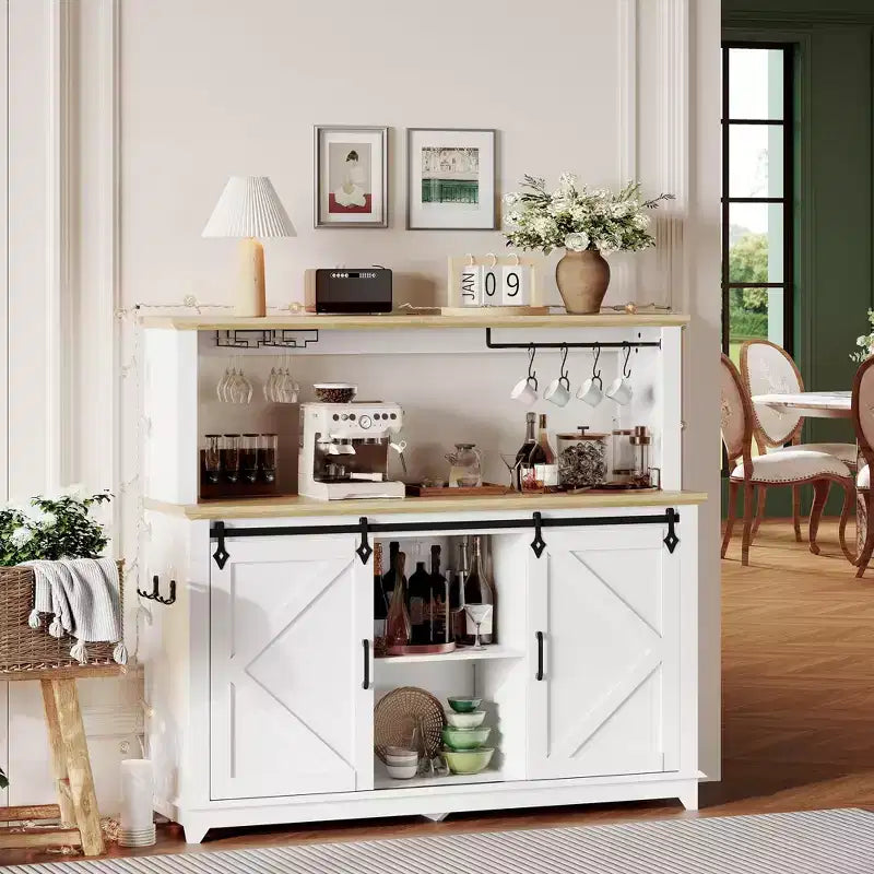 Mobile Bar per Caffè da Fattoria Nero/Marrone/Bianco con Ante Scorrevoli e Portabottiglie