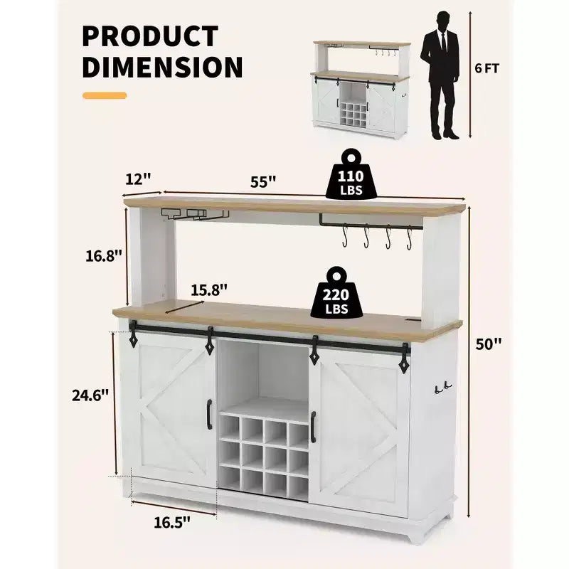 Mobile Bar per Caffè da Fattoria Nero/Marrone/Bianco con Ante Scorrevoli e Portabottiglie