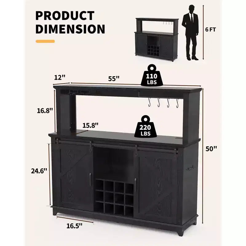 Mobile Bar per Caffè da Fattoria Nero/Marrone/Bianco con Ante Scorrevoli e Portabottiglie