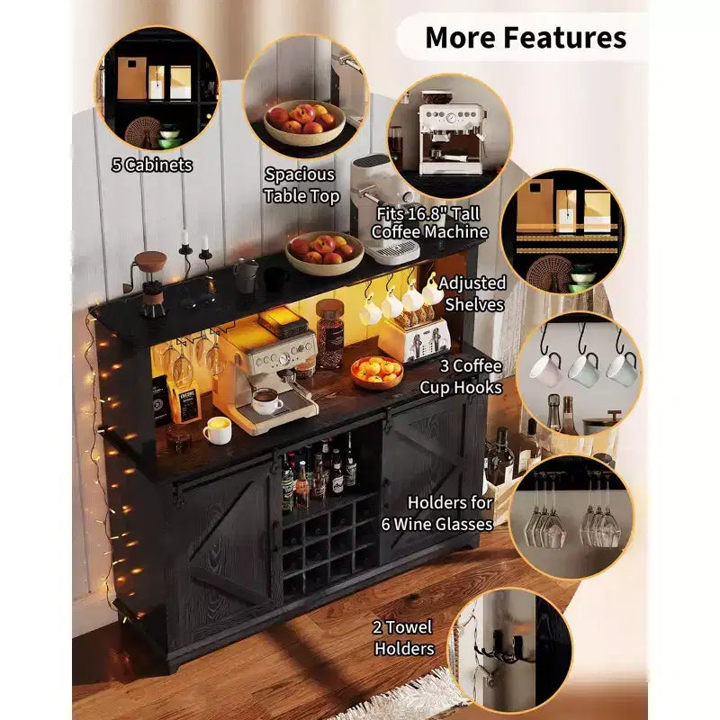 Mobile Bar per Caffè da Fattoria Nero/Marrone/Bianco con Ante Scorrevoli e Portabottiglie