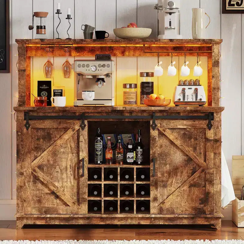 Mobile Bar per Caffè da Fattoria Nero/Marrone/Bianco con Ante Scorrevoli e Portabottiglie