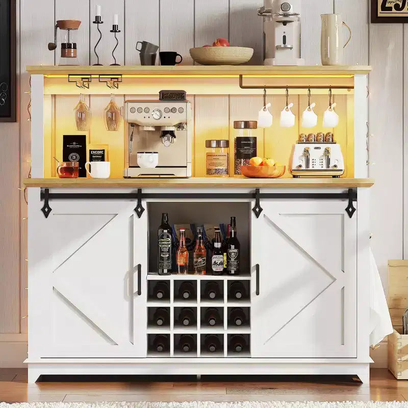 Mobile Bar per Caffè da Fattoria Nero/Marrone/Bianco con Ante Scorrevoli e Portabottiglie