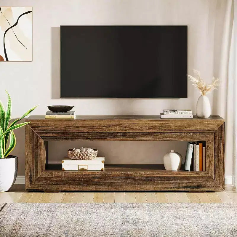 Mobile porta TV rustico marrone a 2 ripiani, adatto per TV fino a 65"