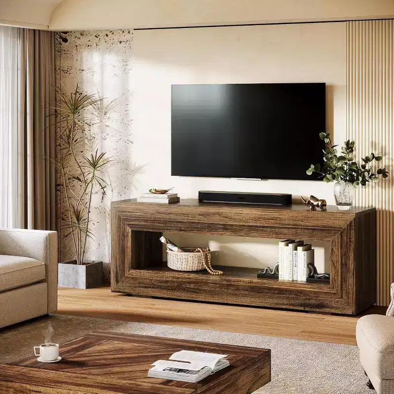 Mobile porta TV rustico marrone a 2 ripiani, adatto per TV fino a 65"