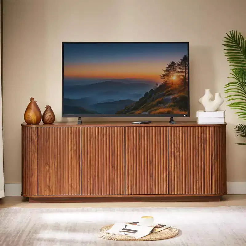 Mobile credenza a righe verticali Nero / Naturale / Noce – 4 ante, Montaggio con 1 persona