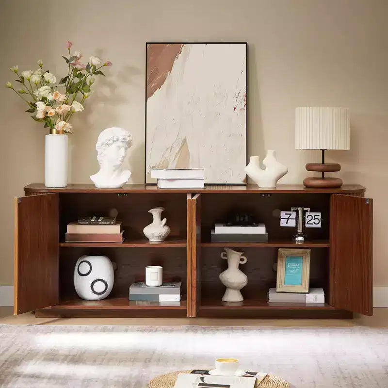 Mobile credenza a righe verticali Nero / Naturale / Noce – 4 ante, Montaggio con 1 persona