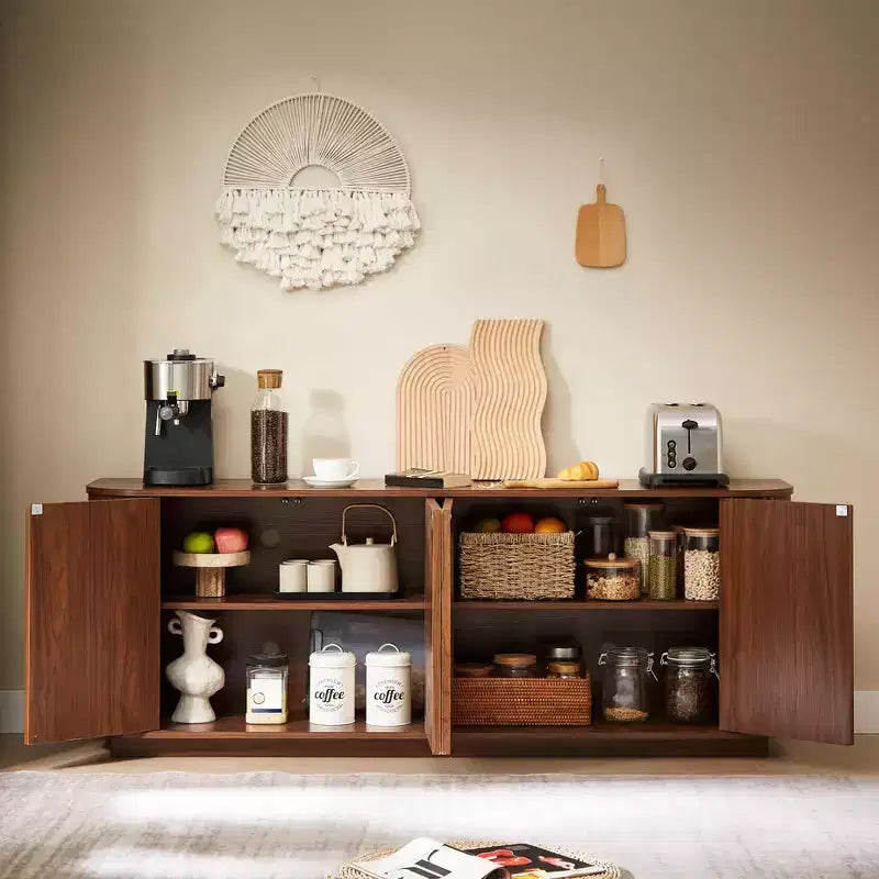 Mobile credenza a righe verticali Nero / Naturale / Noce – 4 ante, Montaggio con 1 persona