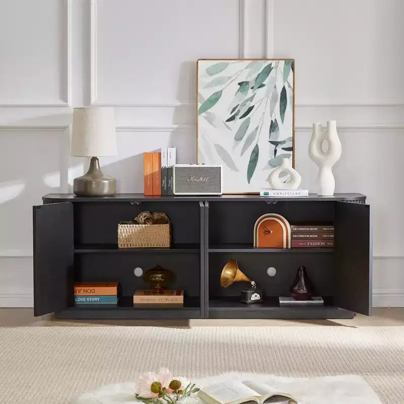 Mobile credenza a righe verticali Nero / Naturale / Noce – 4 ante, Montaggio con 1 persona
