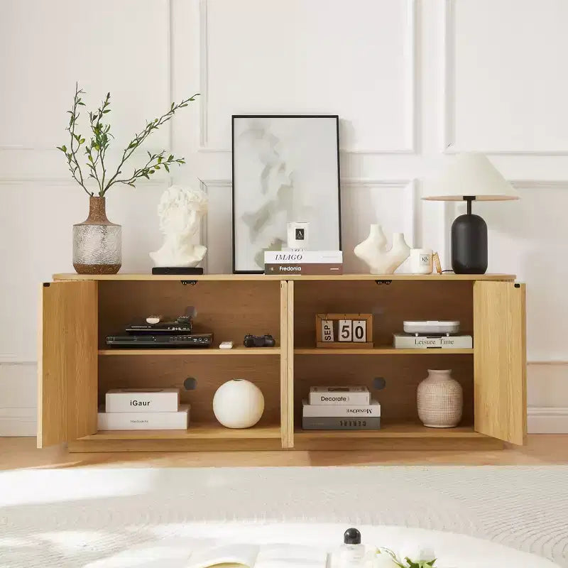 Mobile credenza a righe verticali Nero / Naturale / Noce – 4 ante, Montaggio con 1 persona