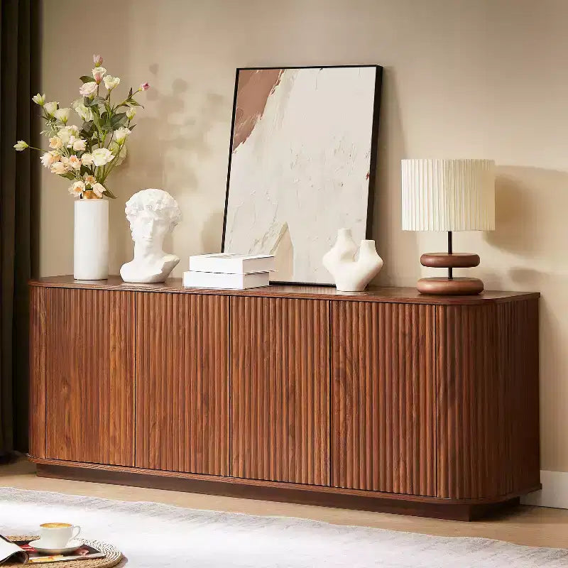 Okak Vertical Striped Wooden Buffet Sideboard Storage Cabinet TV Stand,Curved Corner Pantry Cabinets for Dining Room,Kitchen