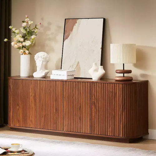 Okak Vertical Striped Wooden Buffet Sideboard Storage Cabinet TV Stand,Curved Corner Pantry Cabinets for Dining Room,Kitchen