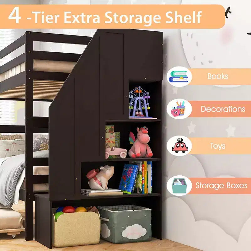 Letto a castello singolo su singolo con letto estraibile e scale con cassetti, 3 posti letto (espresso / grigio / bianco)