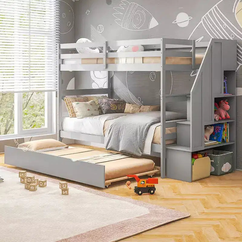 Letto a castello singolo su singolo con letto estraibile e scale con cassetti, 3 posti letto (espresso / grigio / bianco)