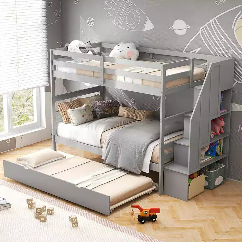 Letto a castello singolo su singolo con letto estraibile e scale con cassetti, 3 posti letto (espresso / grigio / bianco)