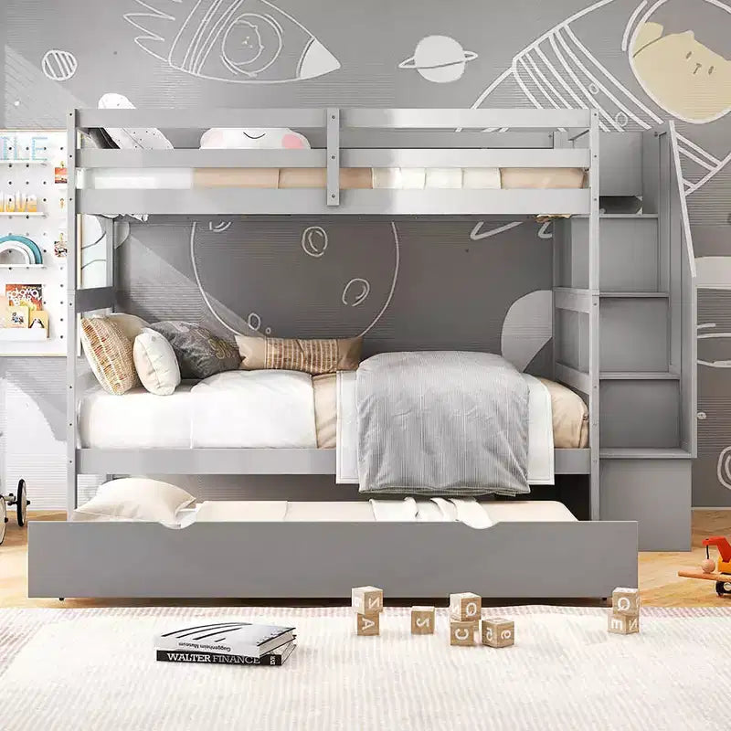 Letto a castello singolo su singolo con letto estraibile e scale con cassetti, 3 posti letto (espresso / grigio / bianco)