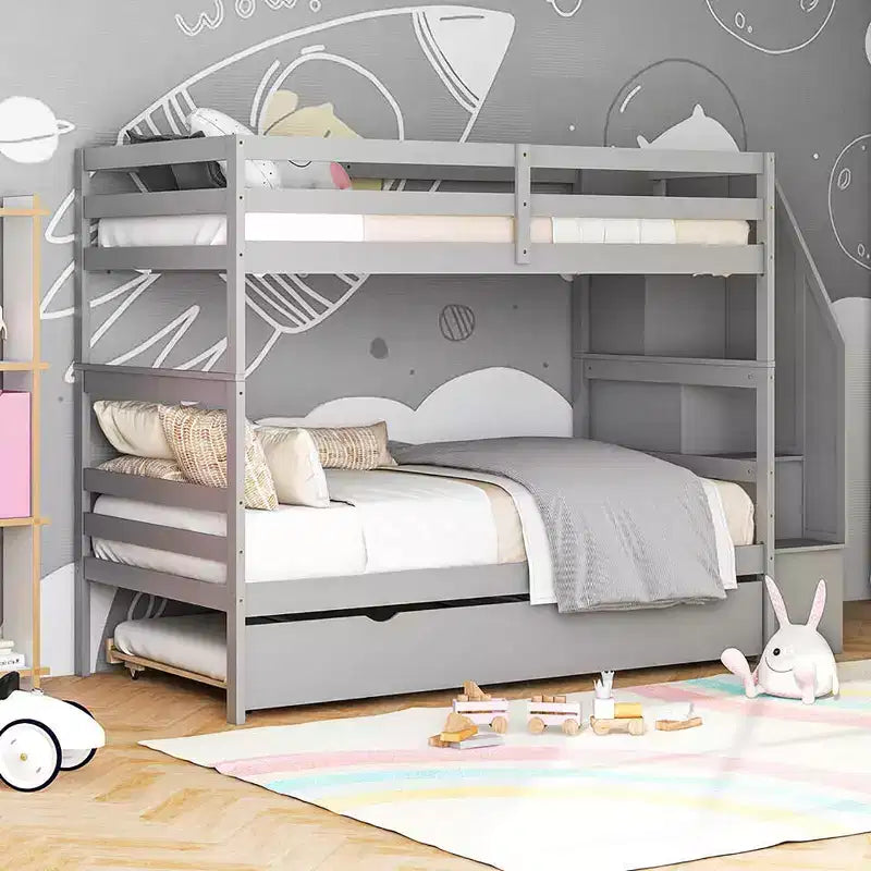 Letto a castello singolo su singolo con letto estraibile e scale con cassetti, 3 posti letto (espresso / grigio / bianco)